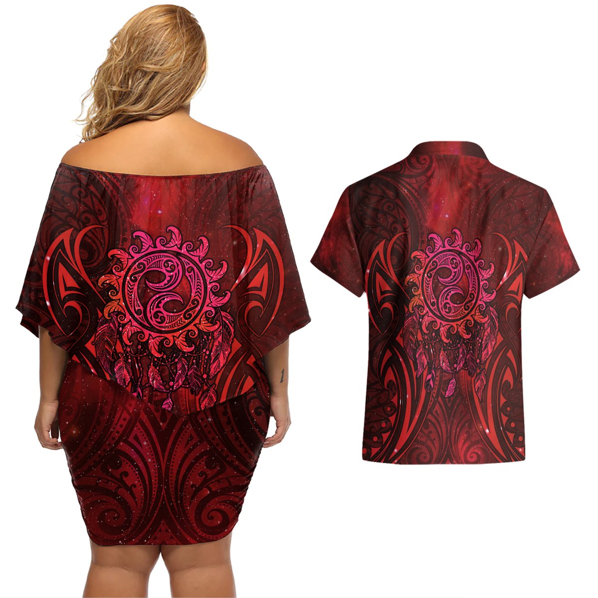 New Zealand Dream Catcher Couples Matching Off Shoulder Short Dress and Hawaiian Shirt Maori Koru Pattern Red Version