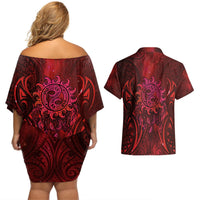 New Zealand Dream Catcher Couples Matching Off Shoulder Short Dress and Hawaiian Shirt Maori Koru Pattern Red Version