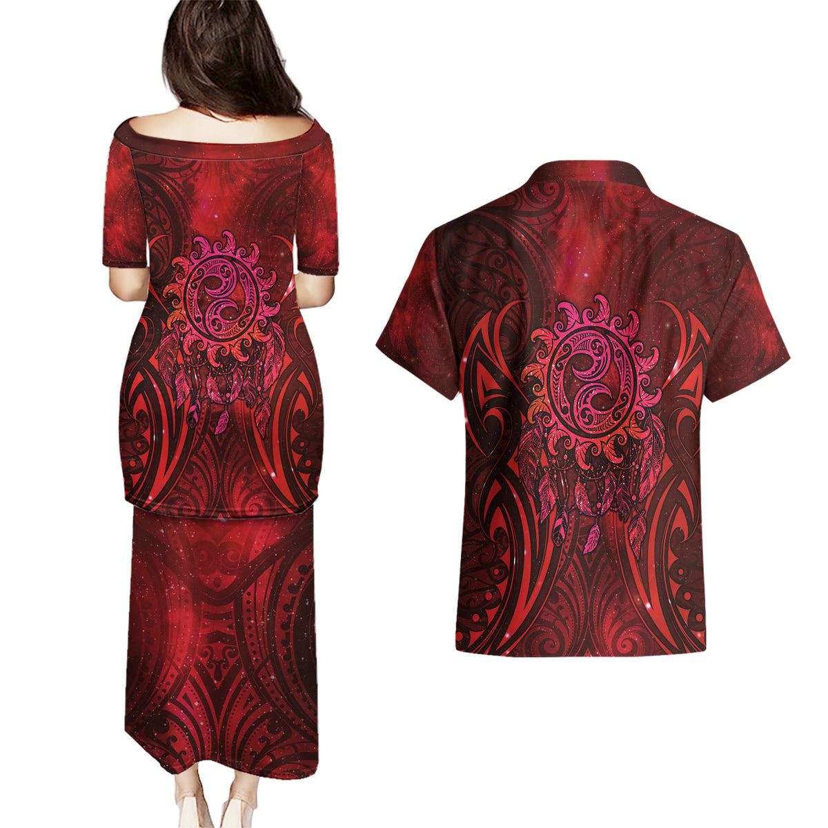New Zealand Dream Catcher Couples Matching Puletasi and Hawaiian Shirt Maori Koru Pattern Red Version