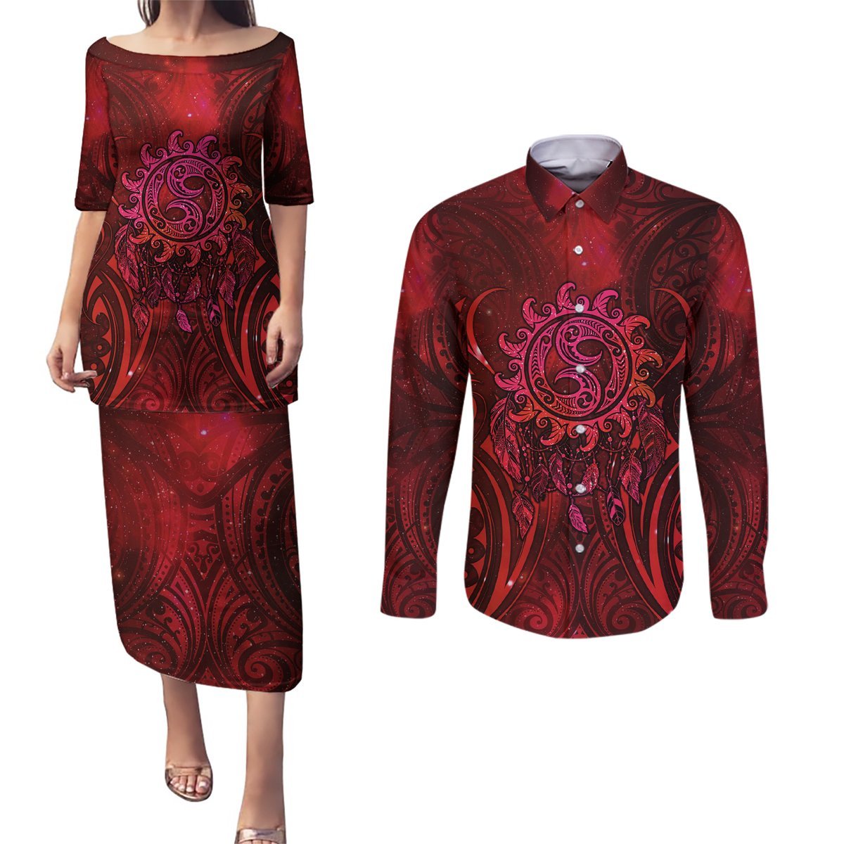 New Zealand Dream Catcher Couples Matching Puletasi and Long Sleeve Button Shirt Maori Koru Pattern Red Version LT05 Red - Polynesian Pride