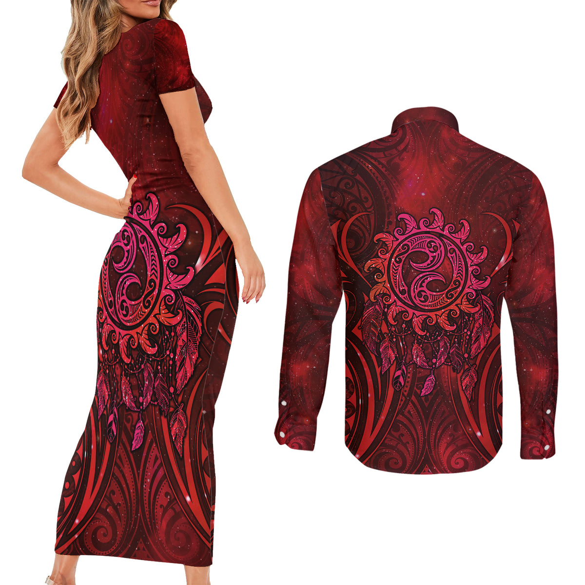 New Zealand Dream Catcher Couples Matching Short Sleeve Bodycon Dress and Long Sleeve Button Shirt Maori Koru Pattern Red Version
