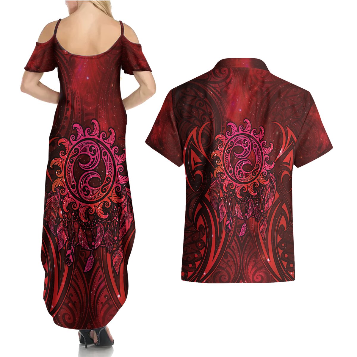 New Zealand Dream Catcher Couples Matching Summer Maxi Dress and Hawaiian Shirt Maori Koru Pattern Red Version