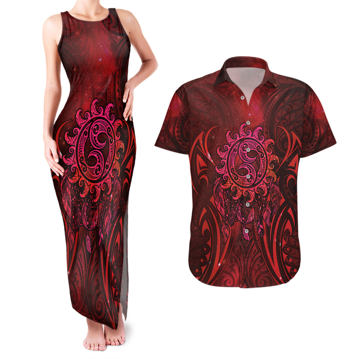 New Zealand Dream Catcher Couples Matching Tank Maxi Dress and Hawaiian Shirt Maori Koru Pattern Red Version
