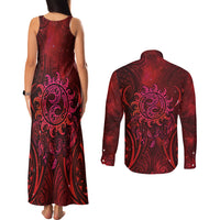 New Zealand Dream Catcher Couples Matching Tank Maxi Dress and Long Sleeve Button Shirt Maori Koru Pattern Red Version