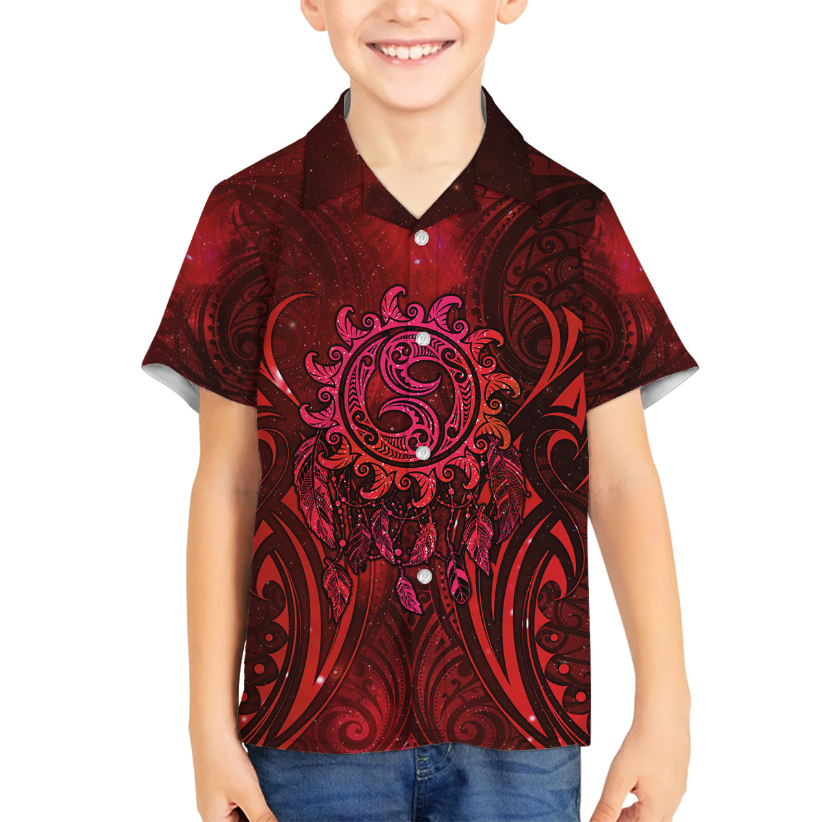 New Zealand Dream Catcher Family Matching Long Sleeve Bodycon Dress and Hawaiian Shirt Maori Koru Pattern Red Version