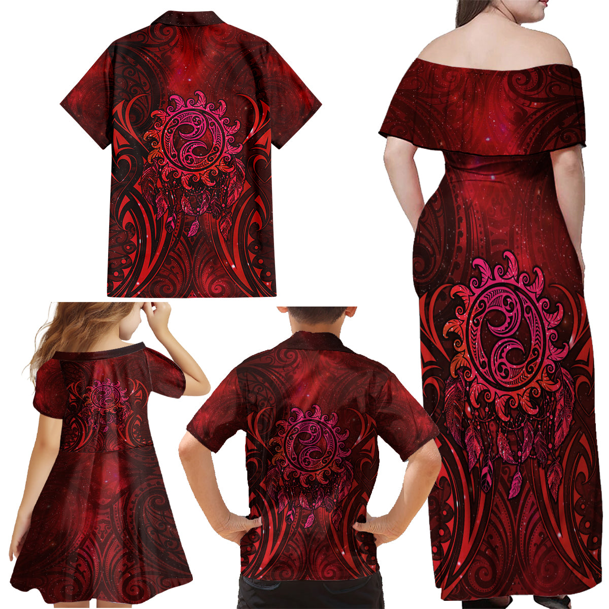 New Zealand Dream Catcher Family Matching Off Shoulder Maxi Dress and Hawaiian Shirt Maori Koru Pattern Red Version