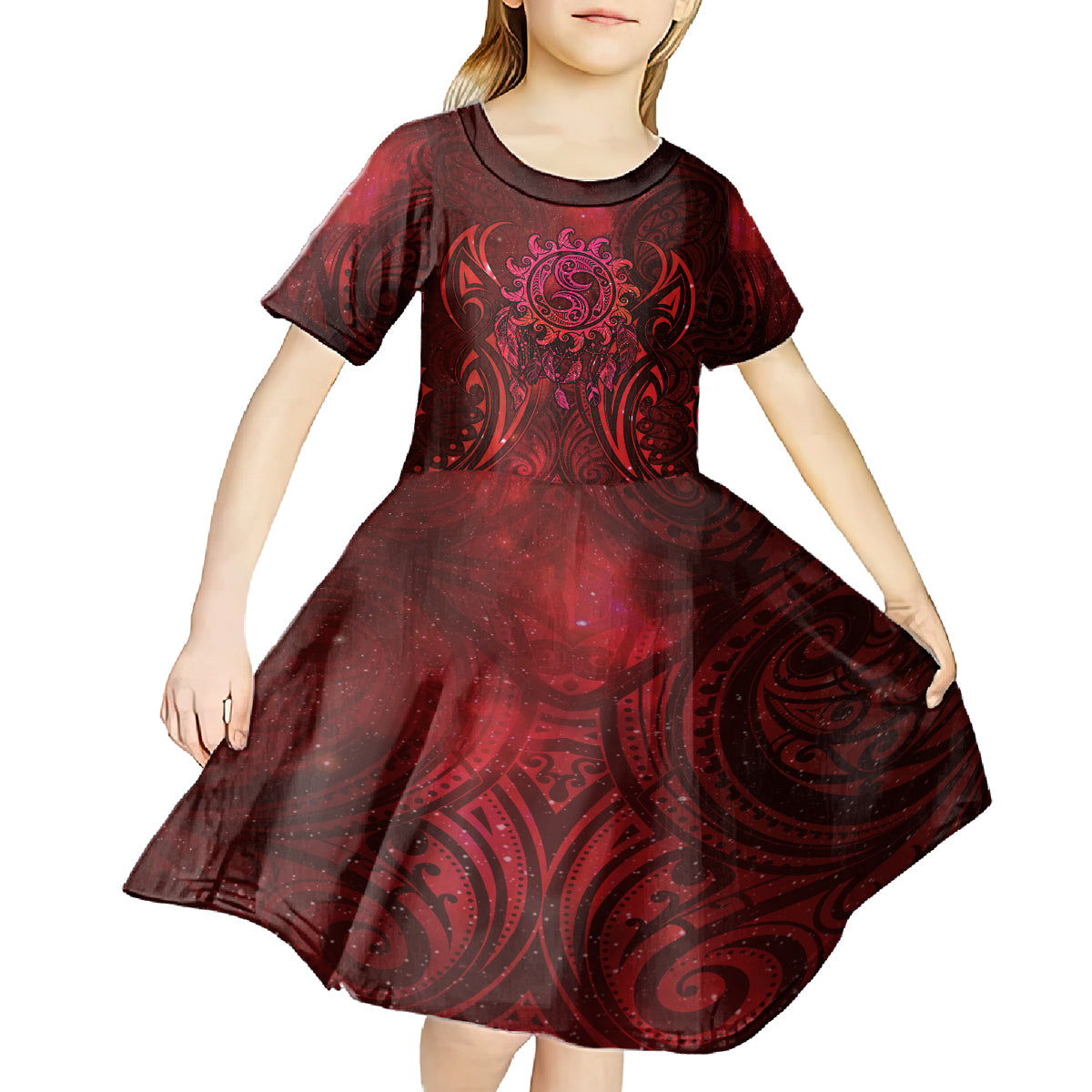 New Zealand Dream Catcher Kid Short Sleeve Dress Maori Koru Pattern Red Version