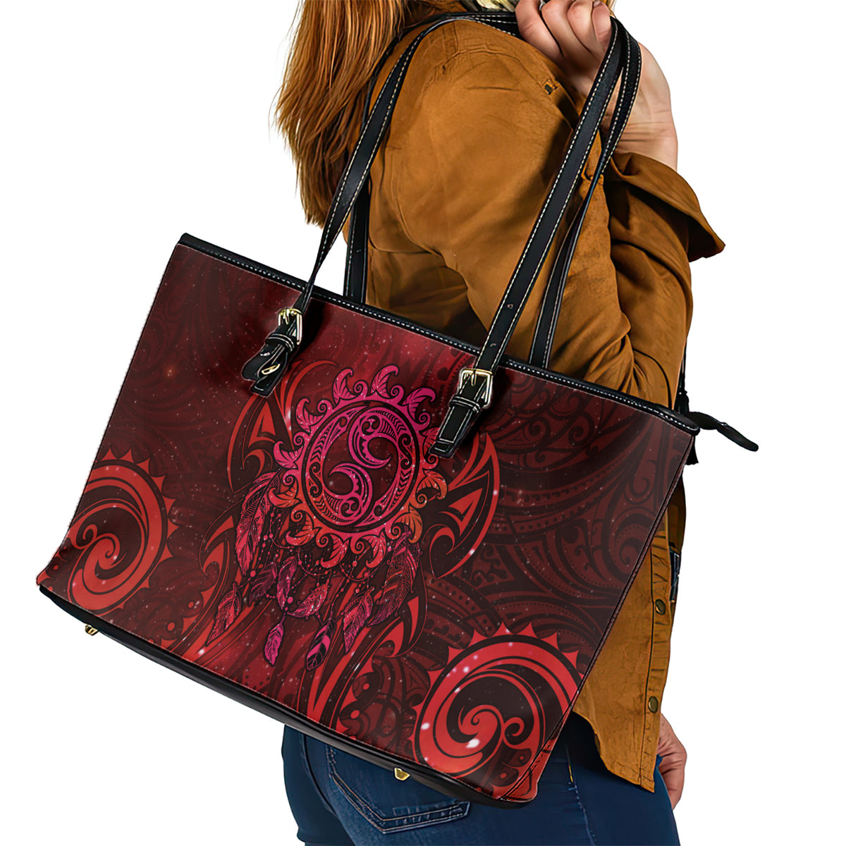 New Zealand Dream Catcher Leather Tote Bag Maori Koru Pattern Red Version