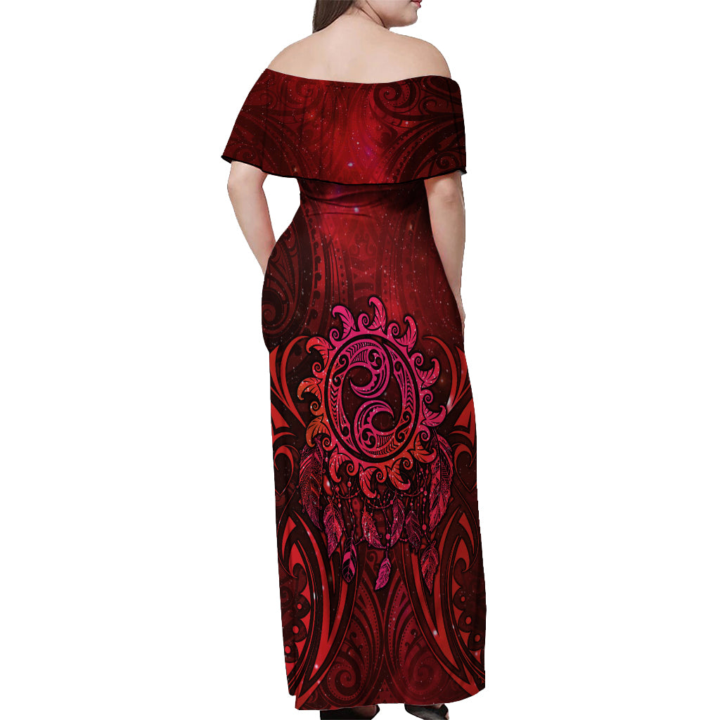 New Zealand Dream Catcher Off Shoulder Maxi Dress Maori Koru Pattern Red Version LT05 - Polynesian Pride