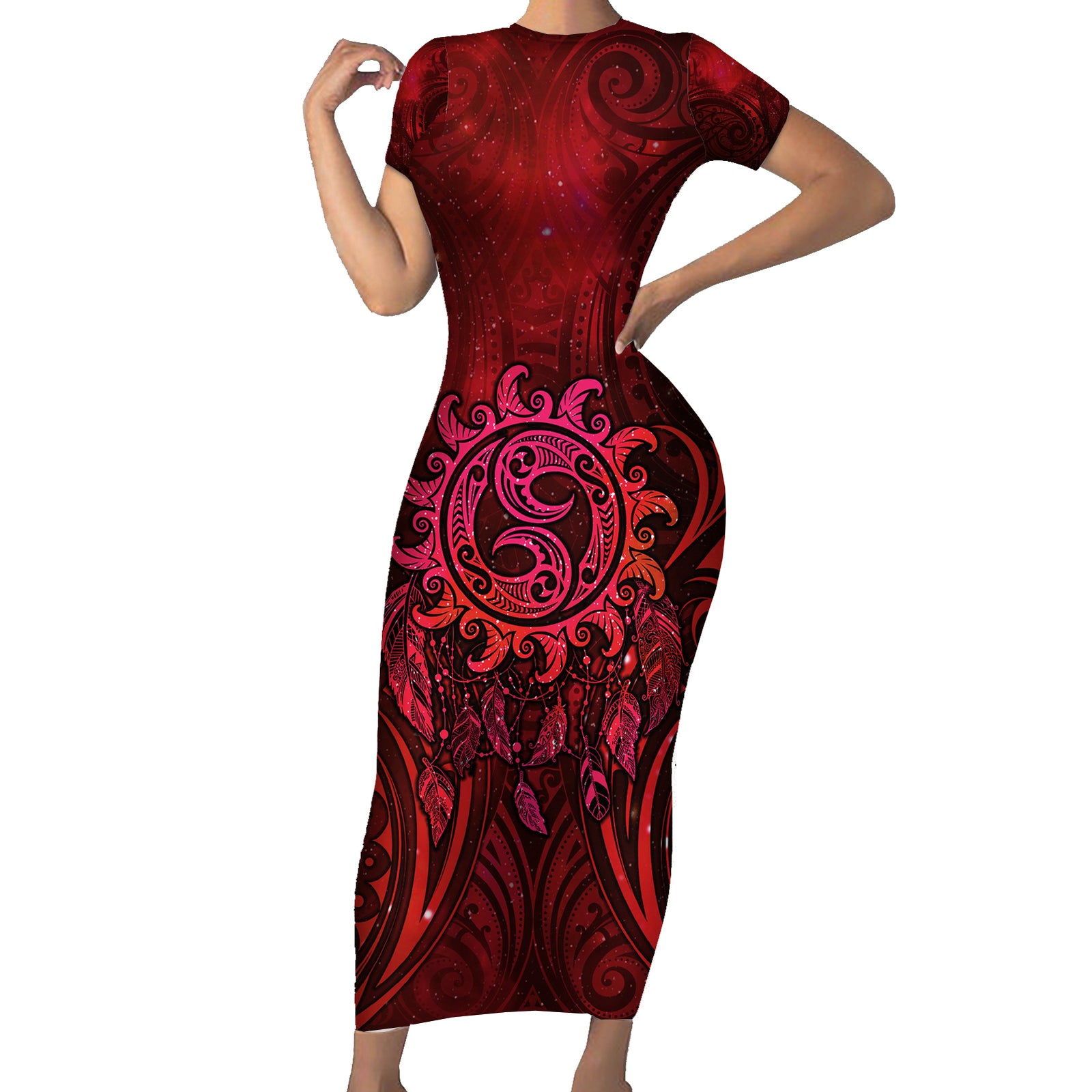 New Zealand Dream Catcher Short Sleeve Bodycon Dress Maori Koru Pattern Red Version