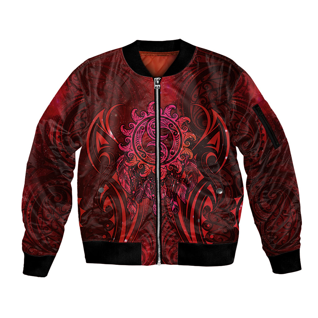 New Zealand Dream Catcher Sleeve Zip Bomber Jacket Maori Koru Pattern Red Version