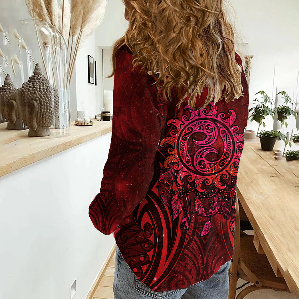 New Zealand Dream Catcher Women Casual Shirt Maori Koru Pattern Red Version