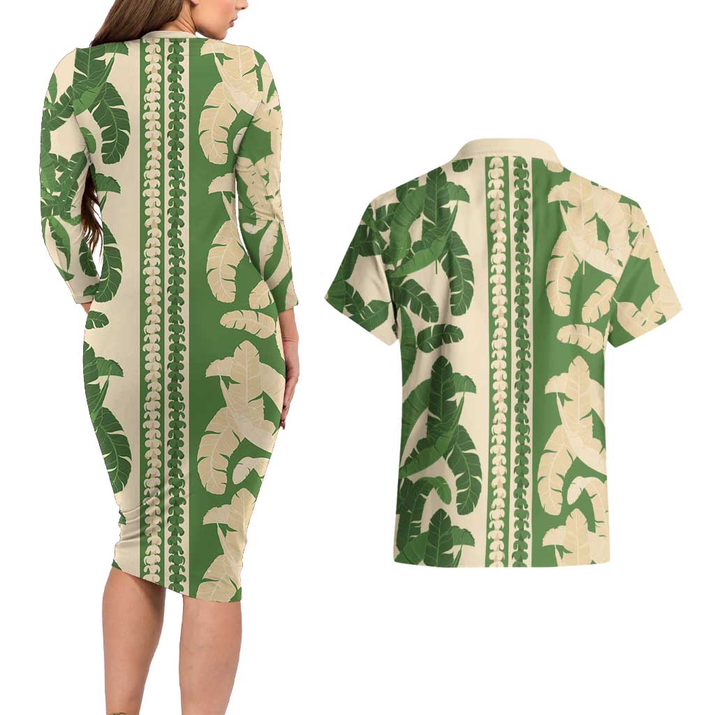 Hawaii Pua Kenikeni Lei Couples Matching Long Sleeve Bodycon Dress and Hawaiian Shirt With Lau Maia Green