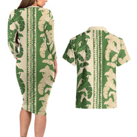 Hawaii Pua Kenikeni Lei Couples Matching Long Sleeve Bodycon Dress and Hawaiian Shirt With Lau Maia Green