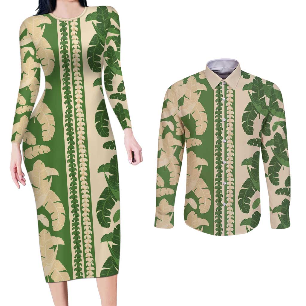 Hawaii Pua Kenikeni Lei Couples Matching Long Sleeve Bodycon Dress and Long Sleeve Button Shirt With Lau Maia Green