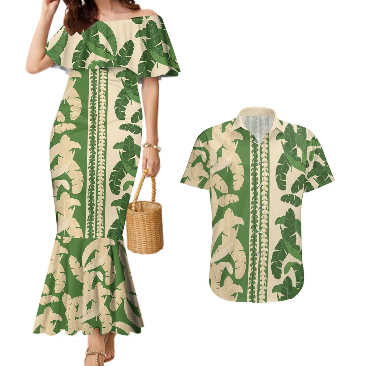 Hawaii Pua Kenikeni Lei Couples Matching Mermaid Dress and Hawaiian Shirt With Lau Maia Green