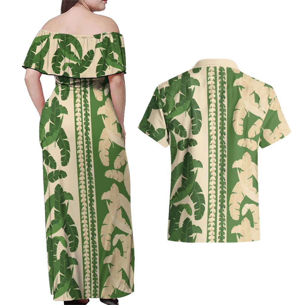 Hawaii Pua Kenikeni Lei Couples Matching Off Shoulder Maxi Dress and Hawaiian Shirt With Lau Maia Green