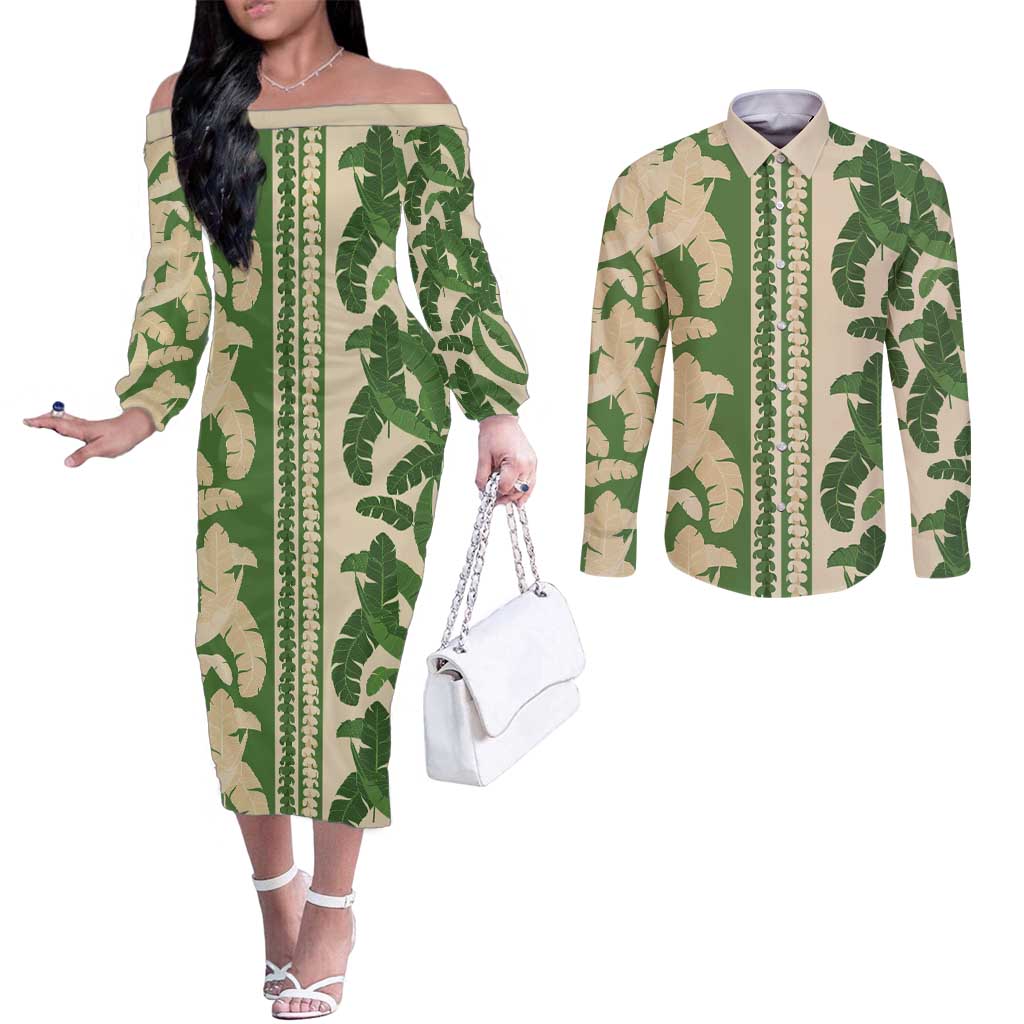Hawaii Pua Kenikeni Lei Couples Matching Off The Shoulder Long Sleeve Dress and Long Sleeve Button Shirt With Lau Maia Green