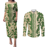 Hawaii Pua Kenikeni Lei Couples Matching Puletasi and Long Sleeve Button Shirt With Lau Maia Green LT05 Green - Polynesian Pride