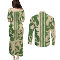 Hawaii Pua Kenikeni Lei Couples Matching Puletasi and Long Sleeve Button Shirt With Lau Maia Green LT05 - Polynesian Pride