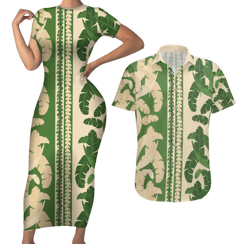 Hawaii Pua Kenikeni Lei Couples Matching Short Sleeve Bodycon Dress and Hawaiian Shirt With Lau Maia Green