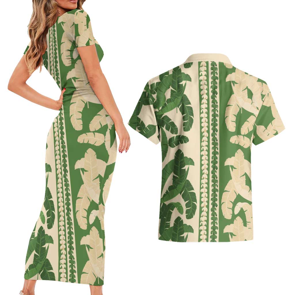 Hawaii Pua Kenikeni Lei Couples Matching Short Sleeve Bodycon Dress and Hawaiian Shirt With Lau Maia Green