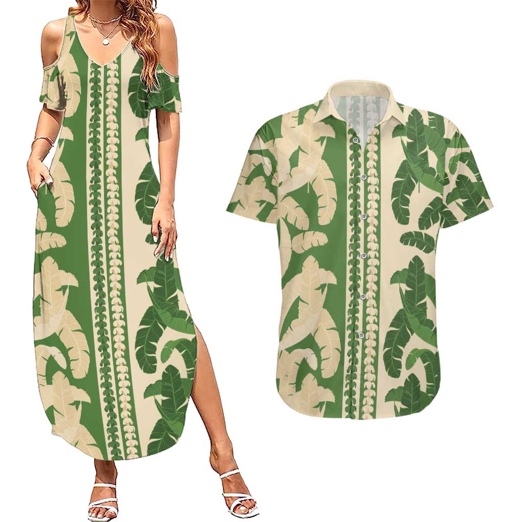 Hawaii Pua Kenikeni Lei Couples Matching Summer Maxi Dress and Hawaiian Shirt With Lau Maia Green