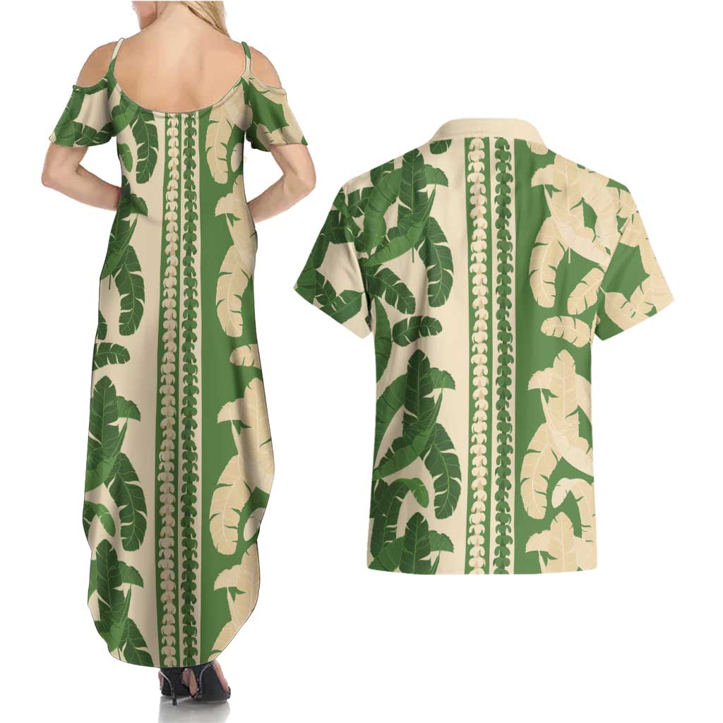 Hawaii Pua Kenikeni Lei Couples Matching Summer Maxi Dress and Hawaiian Shirt With Lau Maia Green