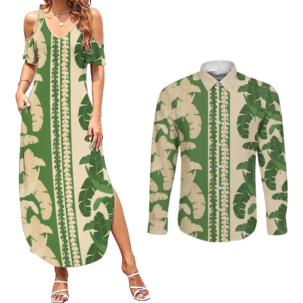 Hawaii Pua Kenikeni Lei Couples Matching Summer Maxi Dress and Long Sleeve Button Shirt With Lau Maia Green