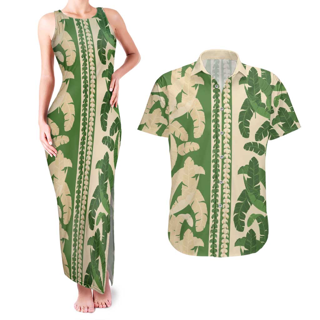 Hawaii Pua Kenikeni Lei Couples Matching Tank Maxi Dress and Hawaiian Shirt With Lau Maia Green