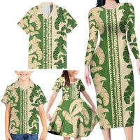 Hawaii Pua Kenikeni Lei Family Matching Long Sleeve Bodycon Dress and Hawaiian Shirt With Lau Maia Green