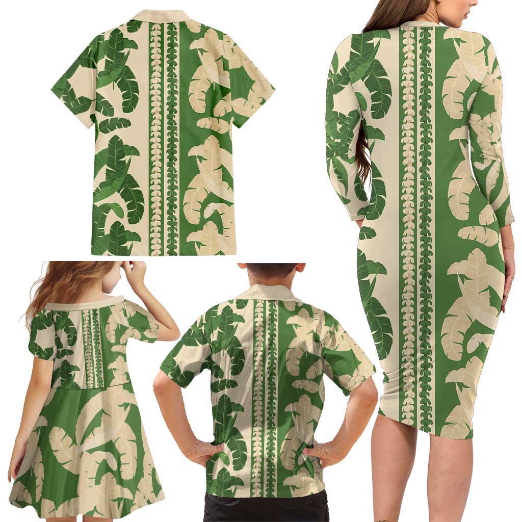 Hawaii Pua Kenikeni Lei Family Matching Long Sleeve Bodycon Dress and Hawaiian Shirt With Lau Maia Green