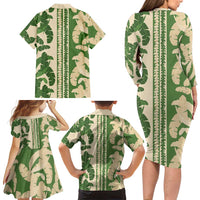 Hawaii Pua Kenikeni Lei Family Matching Long Sleeve Bodycon Dress and Hawaiian Shirt With Lau Maia Green