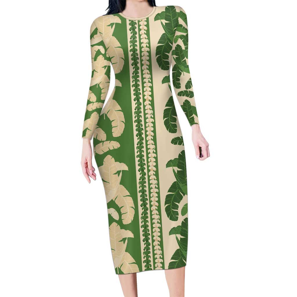 Hawaii Pua Kenikeni Lei Family Matching Long Sleeve Bodycon Dress and Hawaiian Shirt With Lau Maia Green