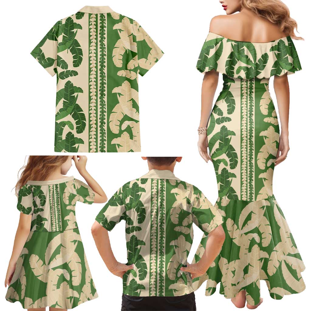 Hawaii Pua Kenikeni Lei Family Matching Mermaid Dress and Hawaiian Shirt With Lau Maia Green