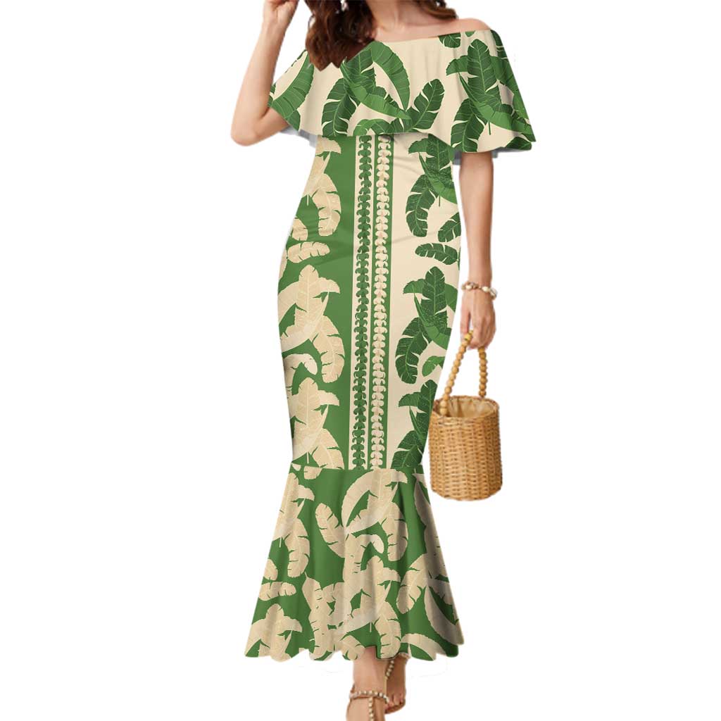 Hawaii Pua Kenikeni Lei Family Matching Mermaid Dress and Hawaiian Shirt With Lau Maia Green
