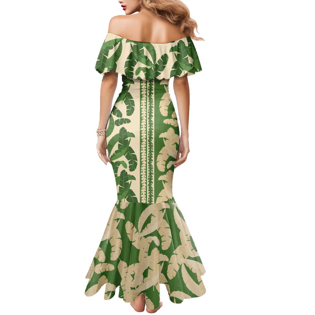 Hawaii Pua Kenikeni Lei Family Matching Mermaid Dress and Hawaiian Shirt With Lau Maia Green