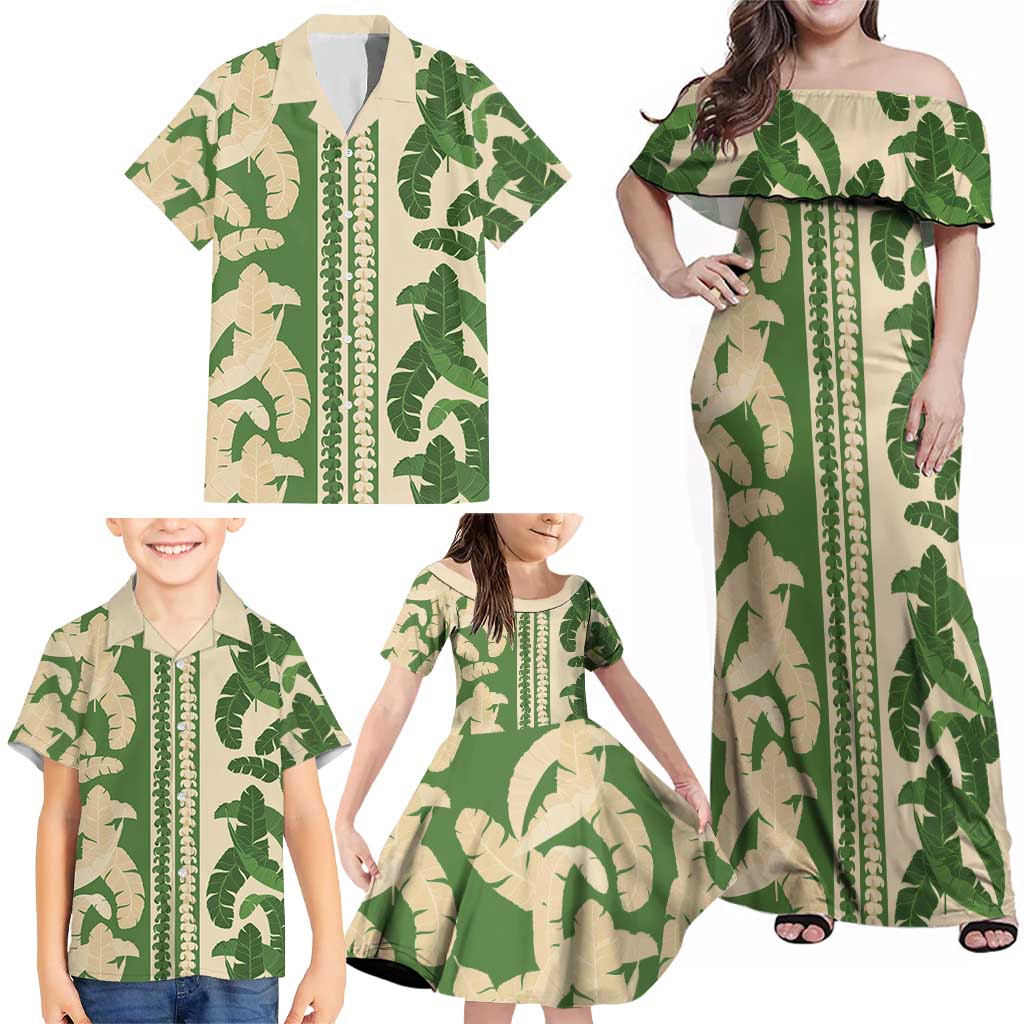 Hawaii Pua Kenikeni Lei Family Matching Off Shoulder Maxi Dress and Hawaiian Shirt With Lau Maia Green