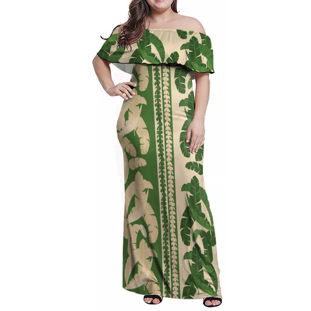 Hawaii Pua Kenikeni Lei Family Matching Off Shoulder Maxi Dress and Hawaiian Shirt With Lau Maia Green