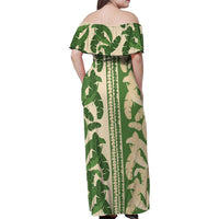 Hawaii Pua Kenikeni Lei Family Matching Off Shoulder Maxi Dress and Hawaiian Shirt With Lau Maia Green