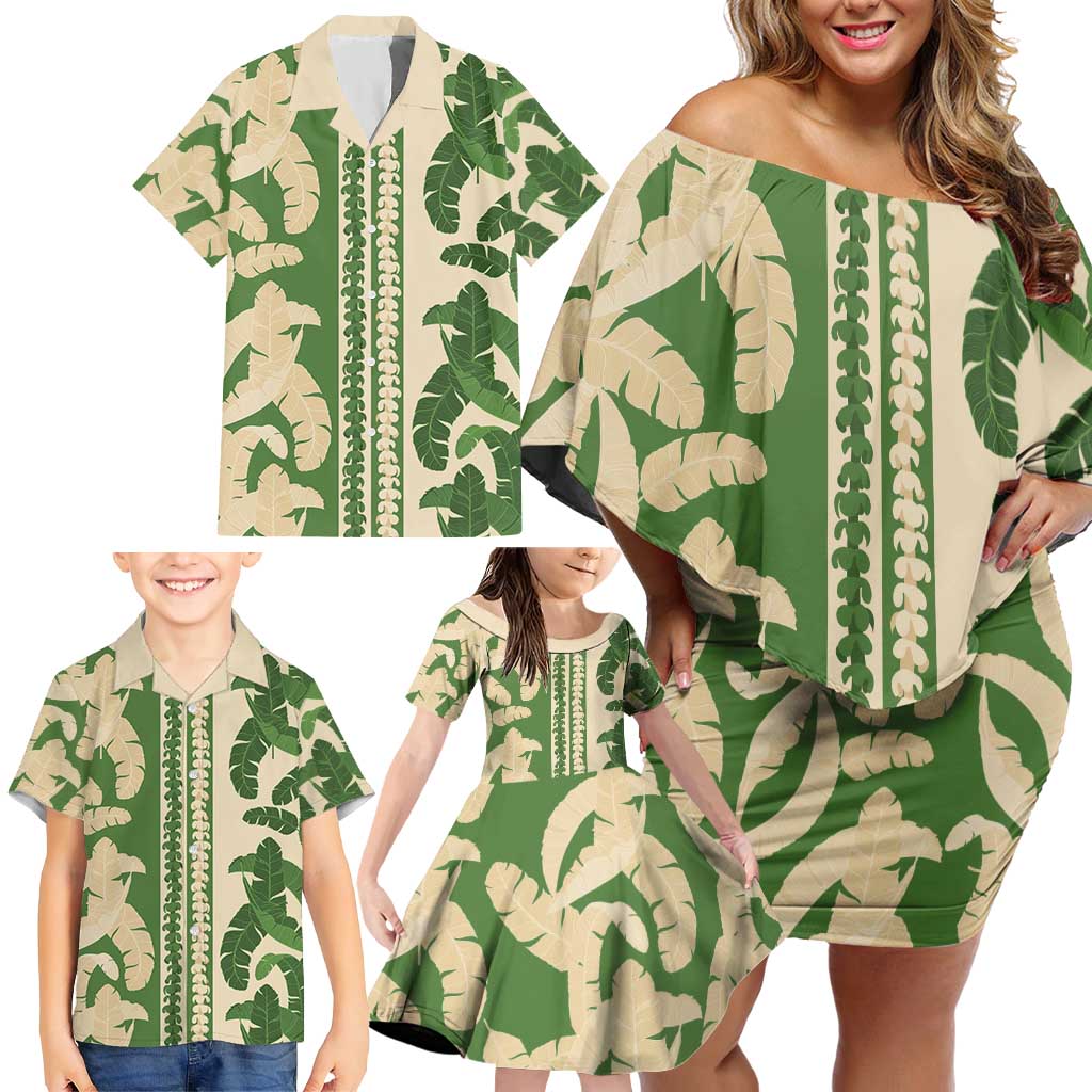 Hawaii Pua Kenikeni Lei Family Matching Off Shoulder Short Dress and Hawaiian Shirt With Lau Maia Green