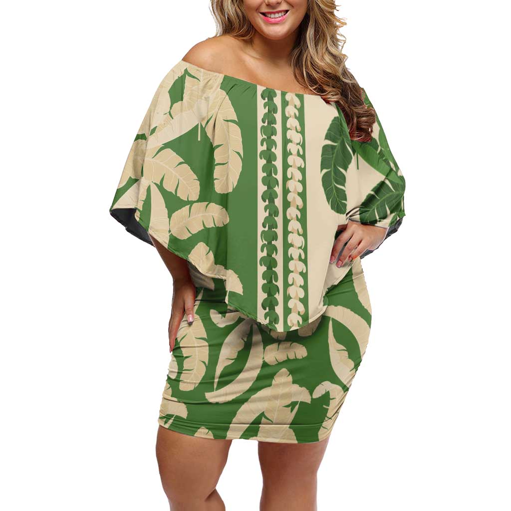 Hawaii Pua Kenikeni Lei Family Matching Off Shoulder Short Dress and Hawaiian Shirt With Lau Maia Green