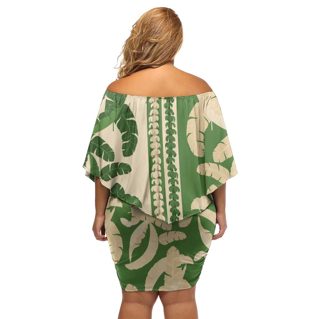 Hawaii Pua Kenikeni Lei Family Matching Off Shoulder Short Dress and Hawaiian Shirt With Lau Maia Green