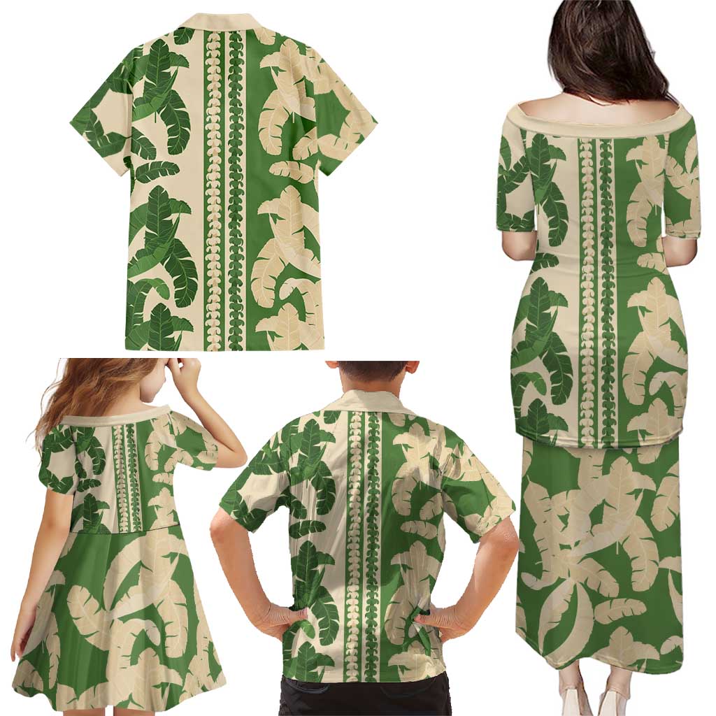 Hawaii Pua Kenikeni Lei Family Matching Puletasi and Hawaiian Shirt With Lau Maia Green