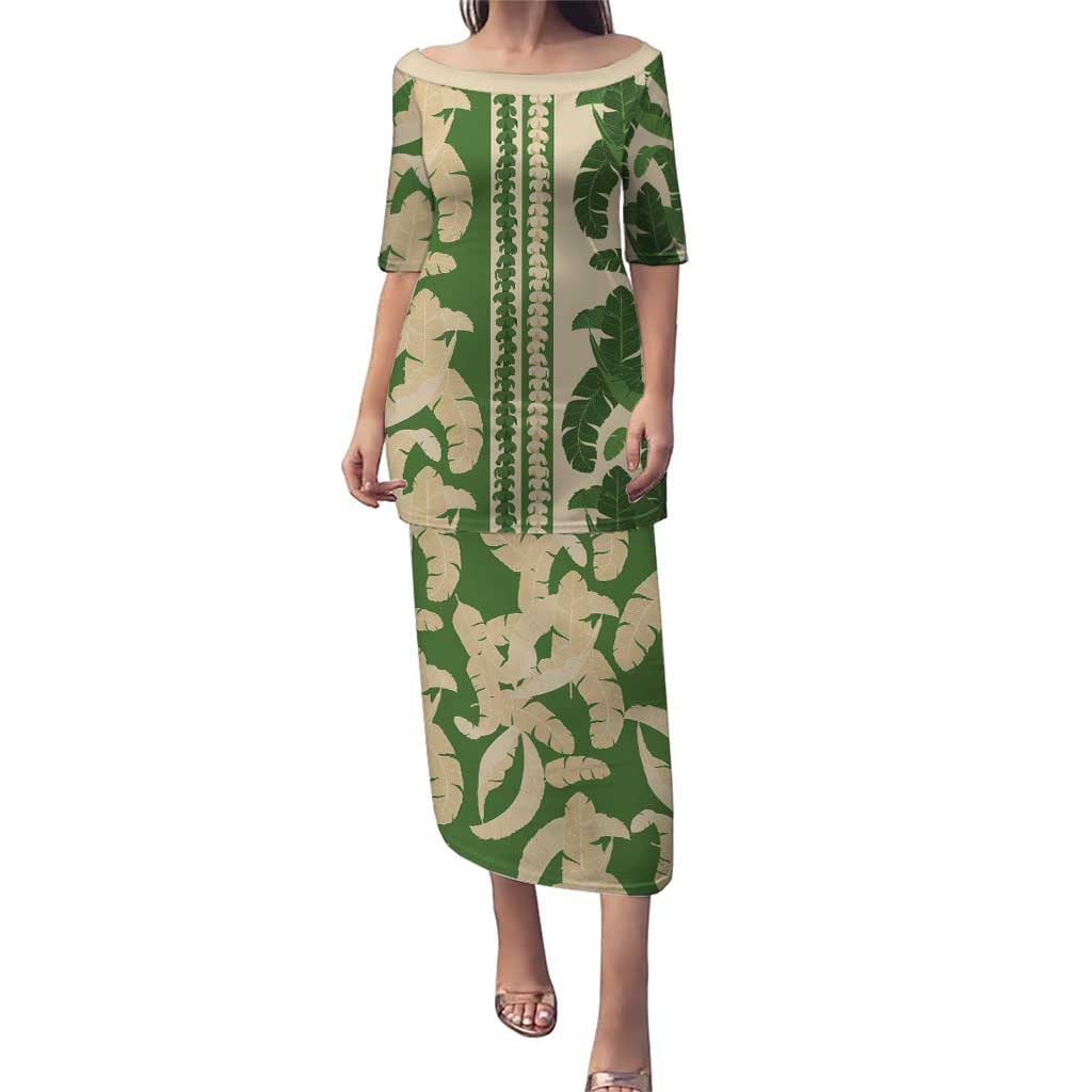 Hawaii Pua Kenikeni Lei Family Matching Puletasi and Hawaiian Shirt With Lau Maia Green