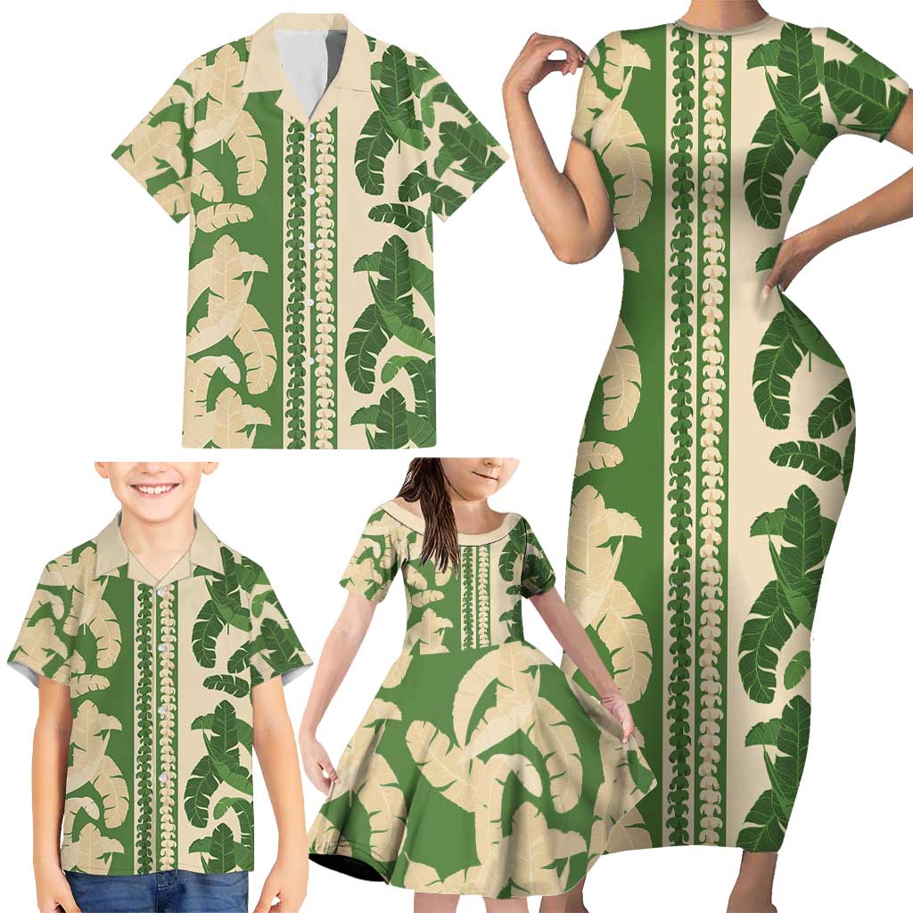 Hawaii Pua Kenikeni Lei Family Matching Short Sleeve Bodycon Dress and Hawaiian Shirt With Lau Maia Green
