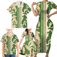 Hawaii Pua Kenikeni Lei Family Matching Short Sleeve Bodycon Dress and Hawaiian Shirt With Lau Maia Green