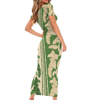 Hawaii Pua Kenikeni Lei Family Matching Short Sleeve Bodycon Dress and Hawaiian Shirt With Lau Maia Green