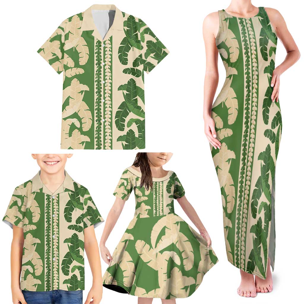 Hawaii Pua Kenikeni Lei Family Matching Tank Maxi Dress and Hawaiian Shirt With Lau Maia Green