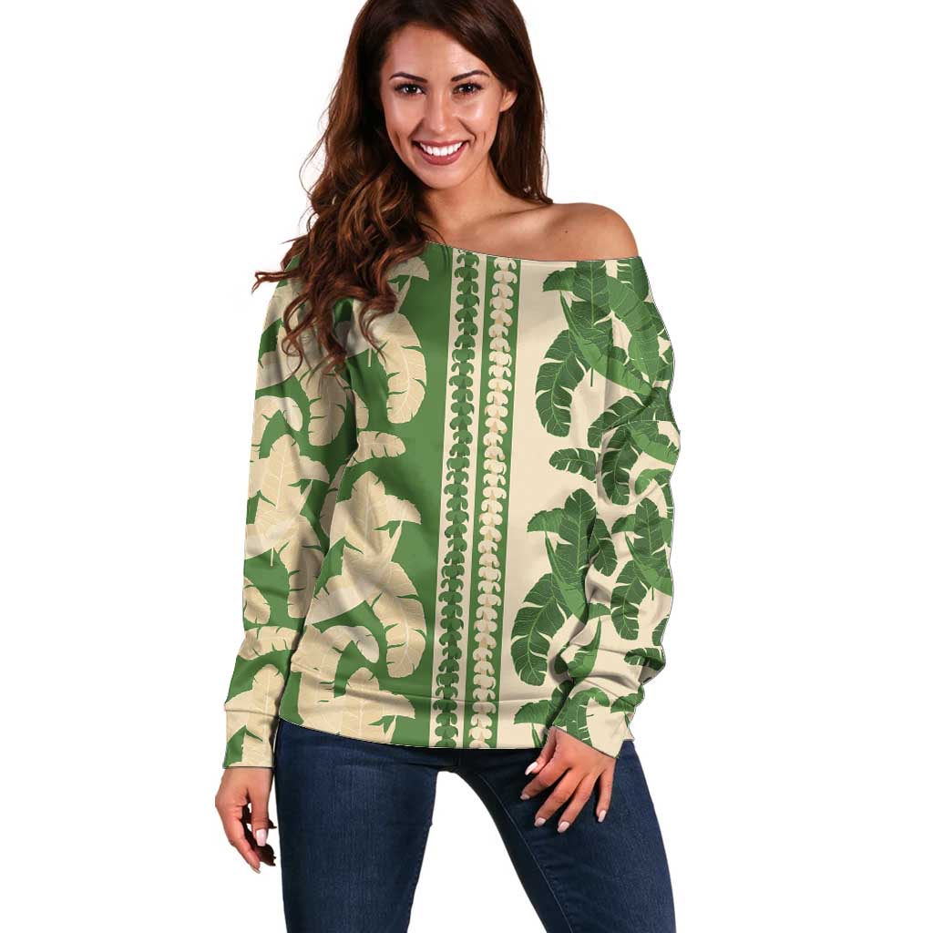 Hawaii Pua Kenikeni Lei Off Shoulder Sweater With Lau Maia Green LT05 Women Green - Polynesian Pride